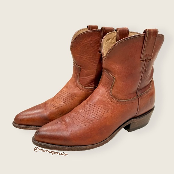 $369 Frye Billy Short Pull On Cognac Real Leather Western Cowboy Ankle Boot - Picture 11 of 15